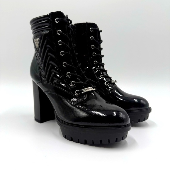 Guess Women’s Manners Shiny Black Lace-Up High Heel Platform Combat Boots 9.5M - Picture 1 of 16